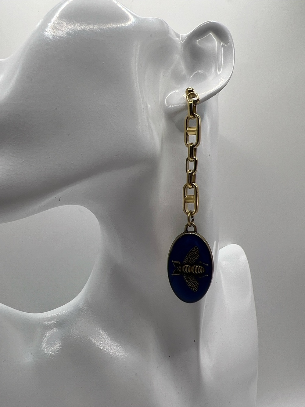 1427. Gold Chain Drop Earrings with Blue Bee Medallion